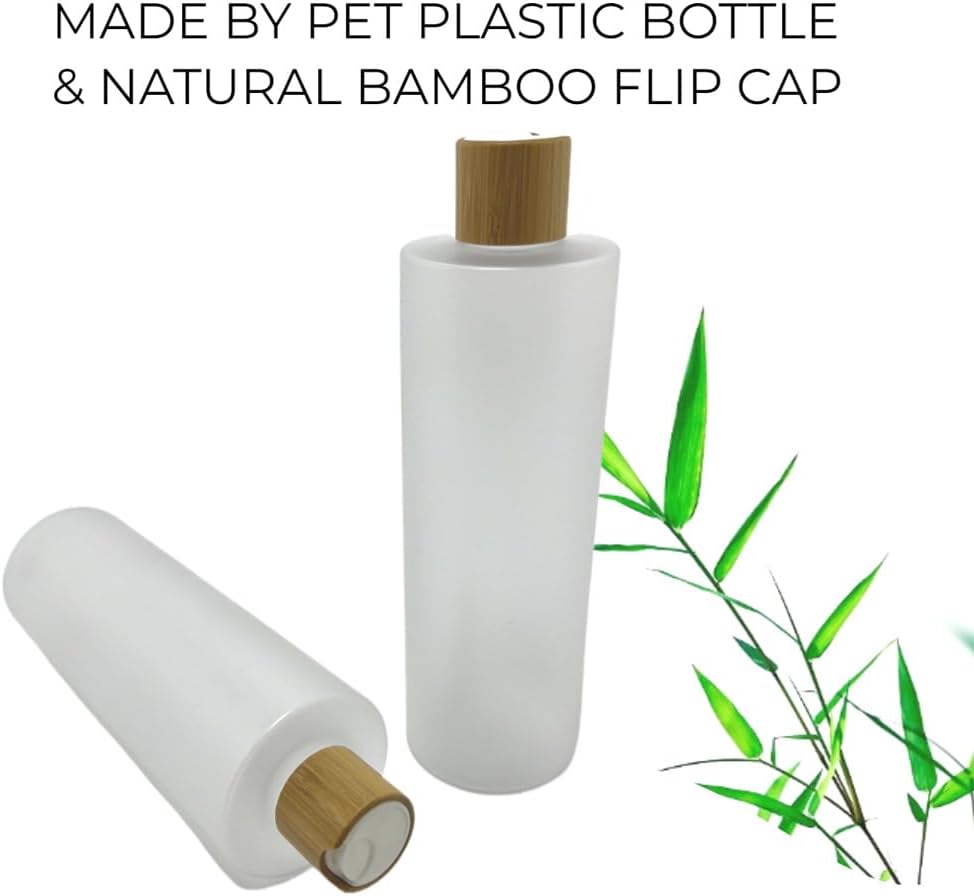 Empty Cosmetic Bottles 16oz/500ml 2 PACK With Bamboo Disc Top Flip Cap for Shampoo Lotion Liquid Soap,Cream,Refilable Plastic Squeeze Travel Size Toiletry Bottles