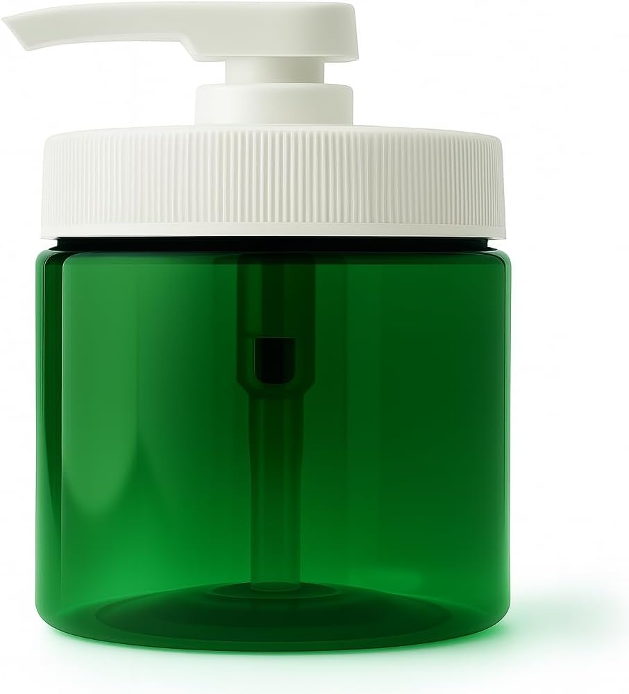 Royal Massage 16oz Refillable Pump Jar with Locking Dip Tube Dispenser – BPA-Free Plastic Container for Massage Oils, Lotions, Creams – Ribbed Lid Wide-Mouth Jar – Durable & Reusable (Green/White, 1)