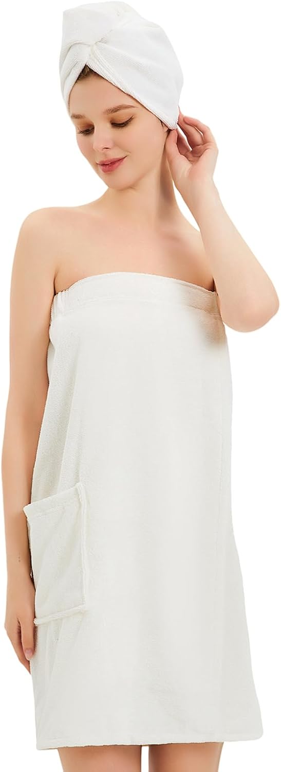 Womens Bath Body Wrap & Hair Towel Shower Spa Wrap Robe Adjustable Closure Bathrobe