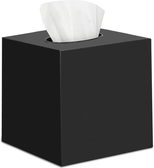 DWËLLZA Home Black Tissue Box Cover Square - Plastic Facial Tissue Box Holder - Decorative Cube Tissue Holder Vessel Dispenser; Black Dresser, Vanity Countertop, Bedroom, Office, Bathroom Decor
