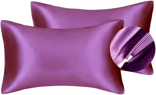 Juwenin Bedding,Luxury Satin Pillowcase with Zipper (Silky Satin Pillow Case for Hair) Set of 2 (Purple, Standard(20''x26''))
