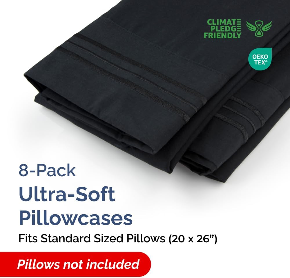 Standard Pillow Cases Set of 8 - Ultra Soft Hotel Quality Pillowcase Covers - Comfy, Cozy & Wrinkle Free - Shrink, Stain and Fade Resistant - Machine Washable Pillow Protectors - 8 Piece Set - Black