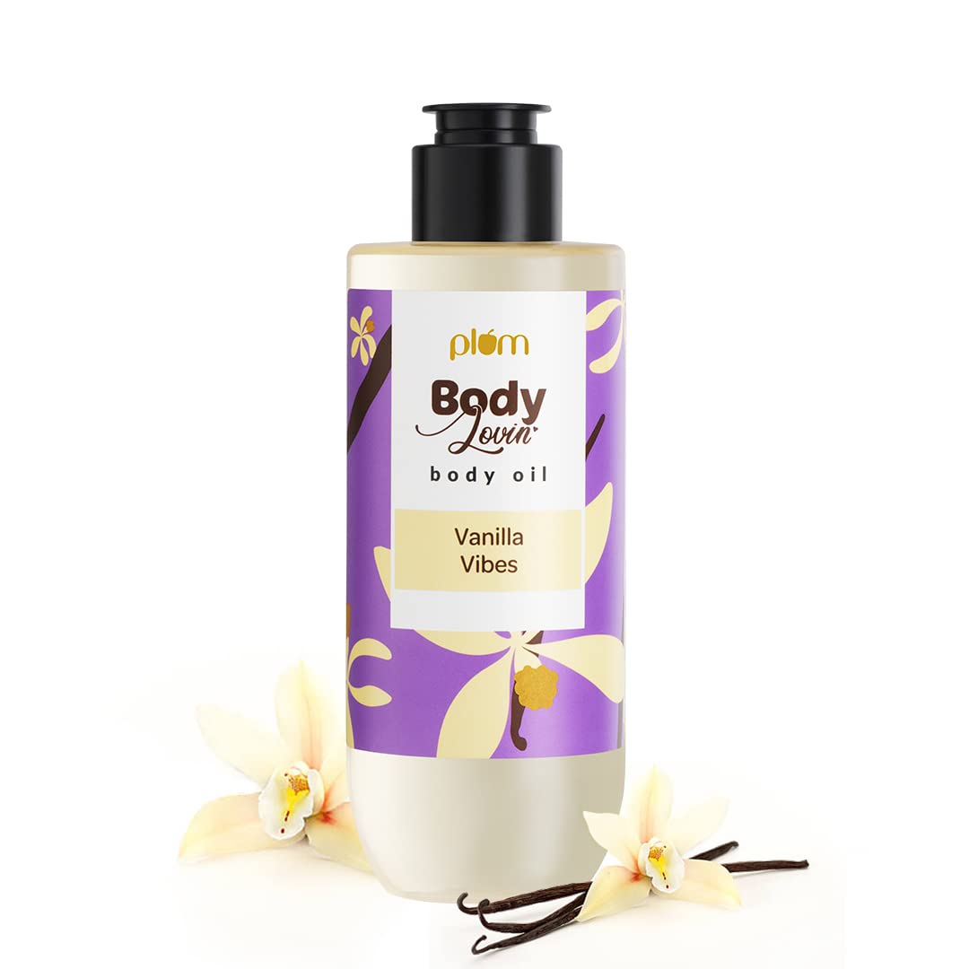 Plum Vanilla Body Oil with Avocado Oil, Coconut Oil & Carrot Seed Oil, 100% Pure Moisturizing Oil, Detoxifying, Omega-3 Fatty Acids, Vitamins A, D, E for Nourishing, Paraben & Silicone Free, 6.7 Fl Oz