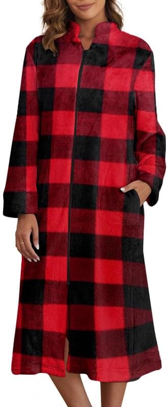 Ekouaer Women's Zip Up Robe Fleece Bathrobe Long Zipper Lounger Warm Housecoat Long Sleeve Nightgown with Pockets S-XXL