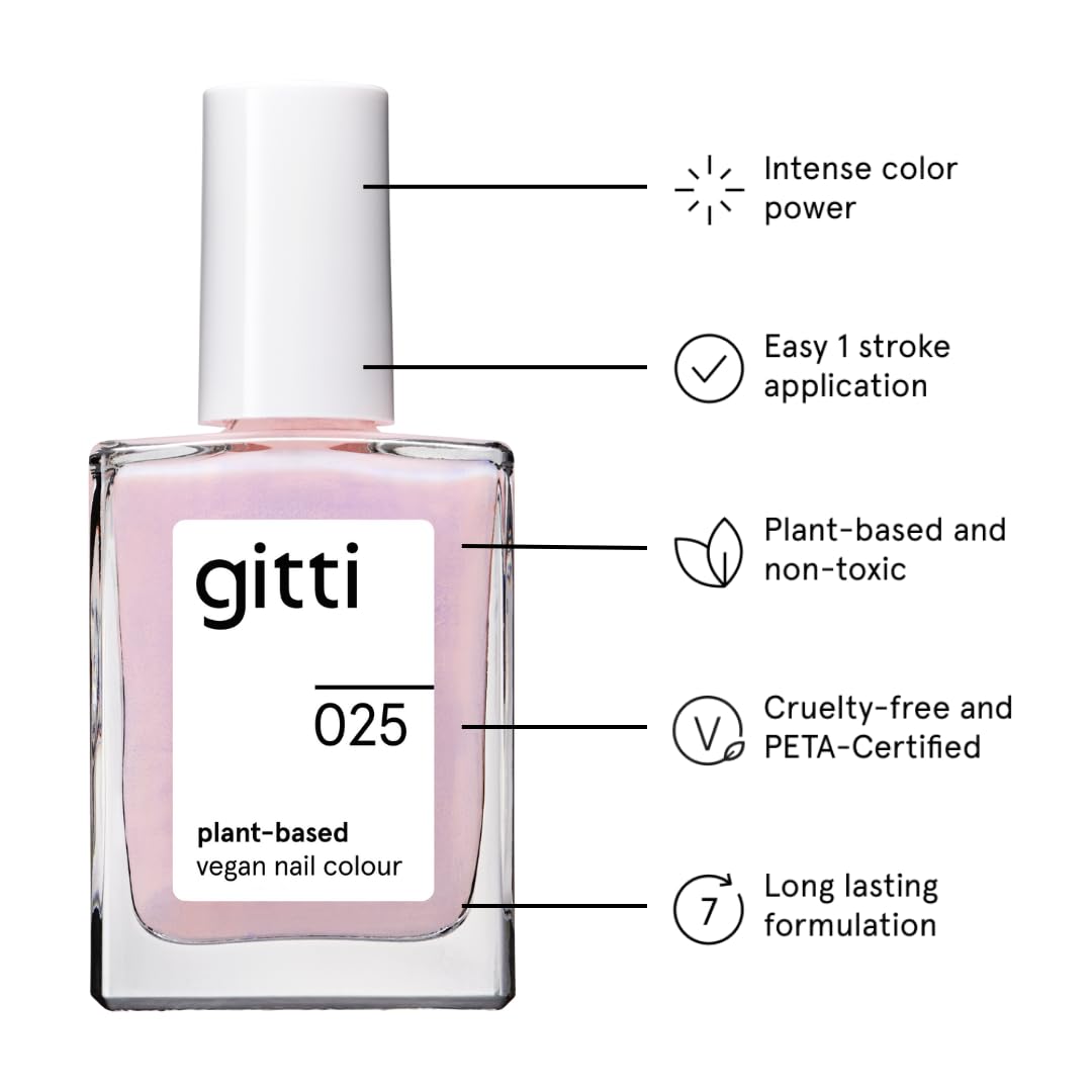 gitti Plant-based Nail Polish I Non-Toxic, 30-Free, Based On Natural Origin Ingredients, Cruelty-Free, Vegan, High Performance Colors, Glossy Finish, Shade no. 025 Blushing Pink (0.5 fl oz)