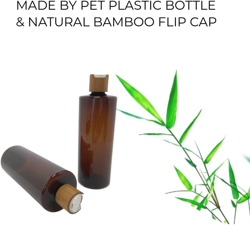 Empty Cosmetic Bottles 16oz/500ml 2 PACK With Bamboo Disc Top Flip Cap for Shampoo Lotion Liquid Soap,Cream,Refilable Plastic Squeeze Travel Size Toiletry Bottles Brown