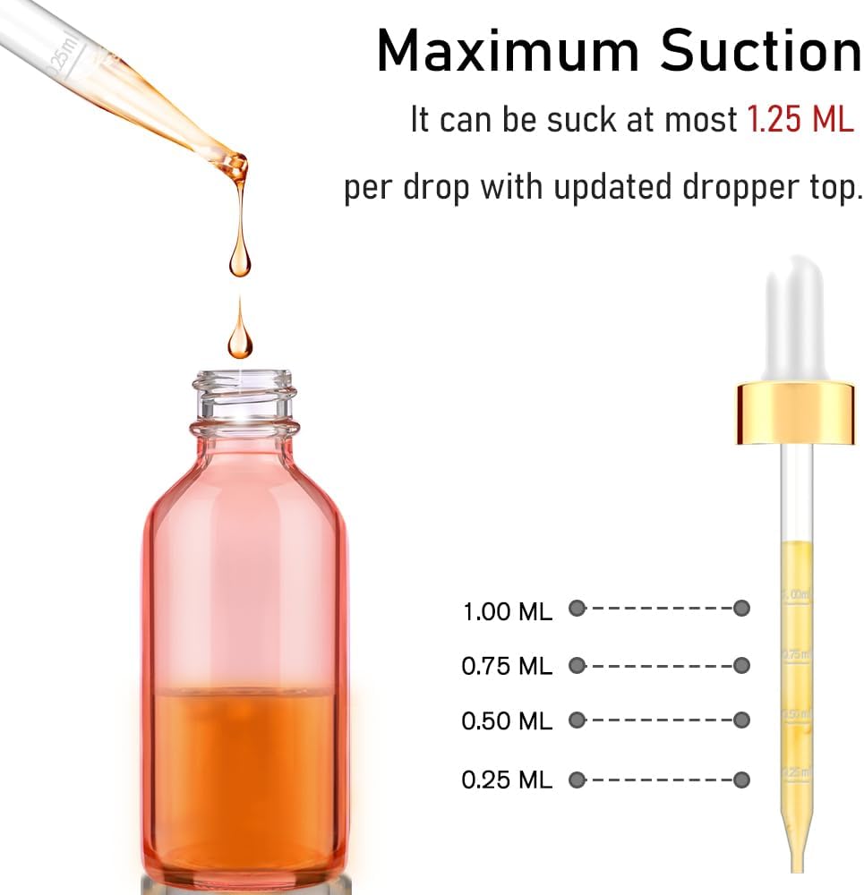 Bumobum Glass Bottle with Dropper, 4 oz Pink Tincture Bottle for Essential Oils with Labels and Funnels, 2 Pack Eye Dropper Bottles with Golden Top (Unbreakable Plastic Eye Dropper with Measurements)