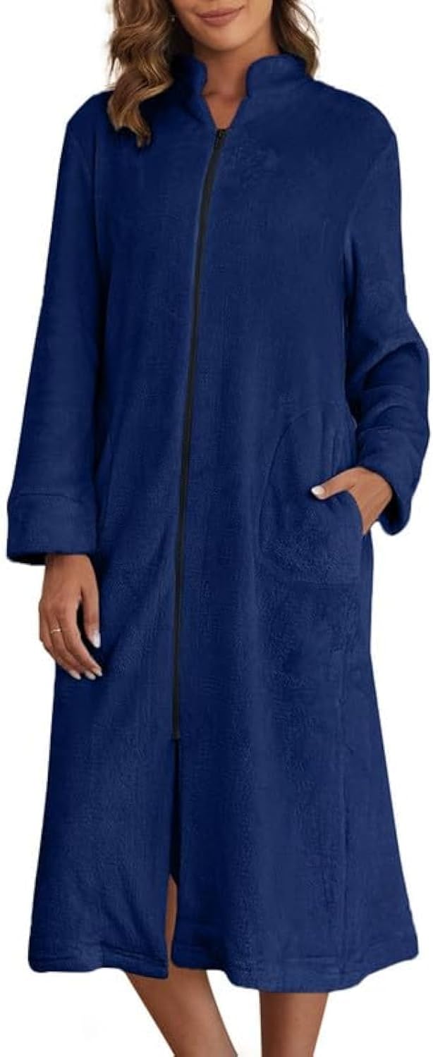 Ekouaer Women's Zip Up Robe Fleece Bathrobe Long Zipper Lounger Warm Housecoat Long Sleeve Nightgown with Pockets S-XXL