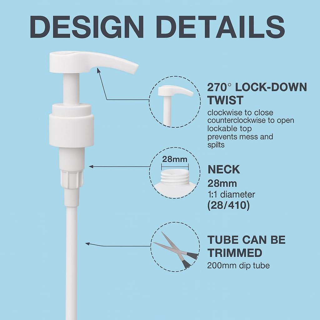 Universal Shampoo/Conditioner Dispenser Pump for Bottles, Leak Proof, Pump Top Fits 1 L/33.8 oz Bottles, 28/410 Neck Size (White - Pack of 4)