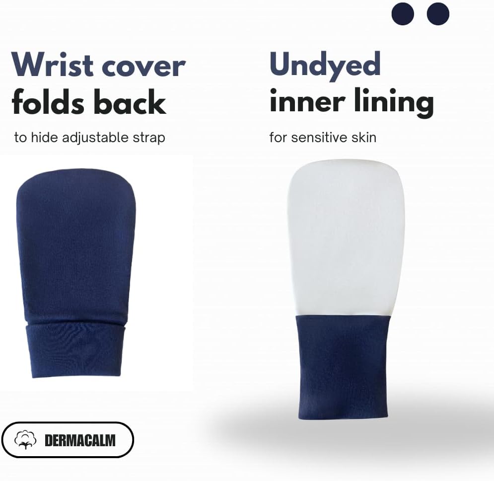 Organic Cotton Eczema Gloves/Mittens for Adults – Anti-Scratch Nighttime Sleeping Gloves with Secure Adjustable Strap – Reusable & Washable – Navy, 1 Pair (S/M/L) (Small)