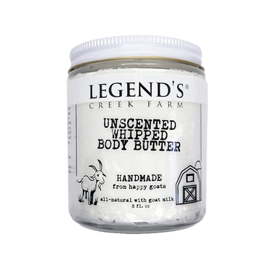 Legend's Creek Farm, Goat Milk Body Butter - Hydrating Natural Body Moisturizer with Organic Shea Butter & Grape Seed Oil - 8 Oz Purifying & Toning Whipped Body Butter (Unscented)