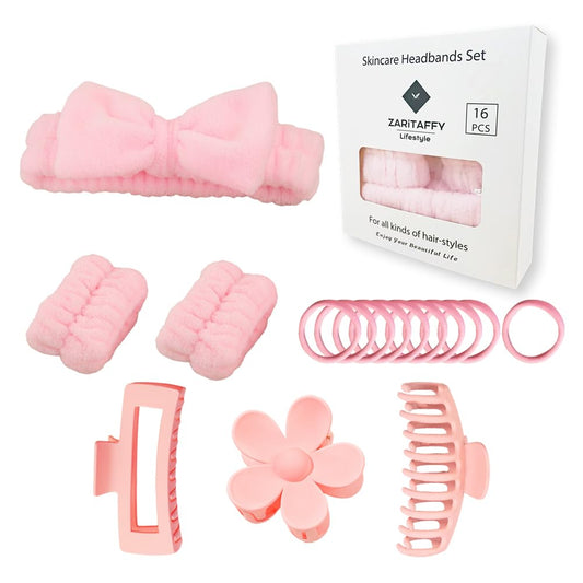 16pcs Skincare Headband Set, Headband Set for Face Washing Spa and Makeup, Including 1 Hairband, Wristband, 3 Hair Claw Clips and 10 Hair Ties, with Box, Gift for Women and Girls, Pink