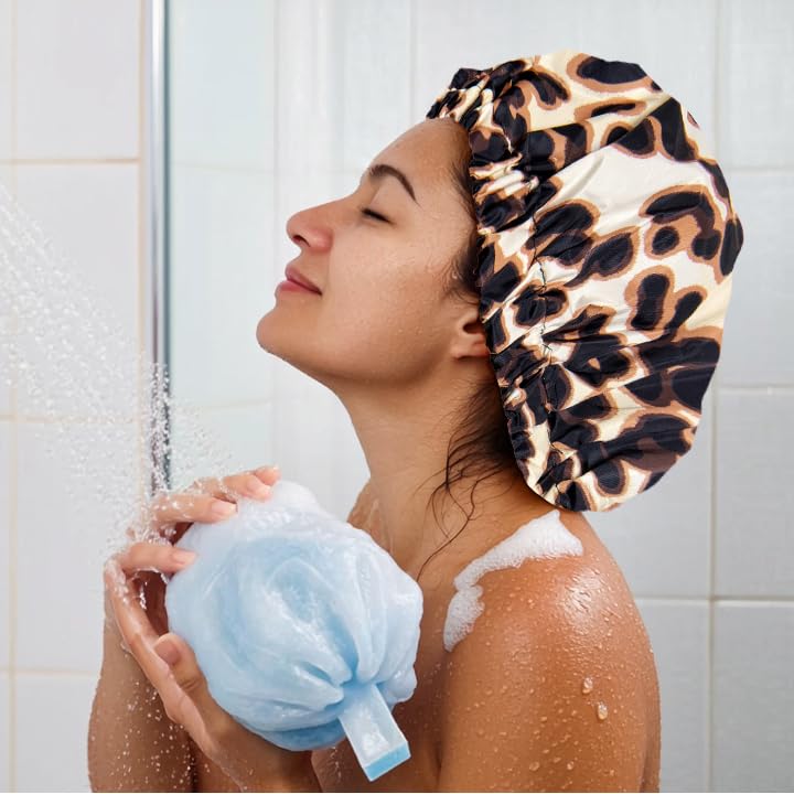 Reusable Shower Cap for Women, Large Waterproof Shower Essentials Bonnet Washable Elastic Band Bath Hair Wrap Hat for Long Hair, Braids(Leopard)