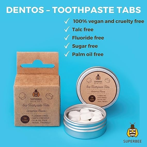 SuperBee Dentos Toothpaste Tablets, 14 Tabs, Fluoride Free & Eco Friendly, Travel Mouthwash Tablets, Sensitive Bites Kids Adults, Chewable Tablet, Spearmint