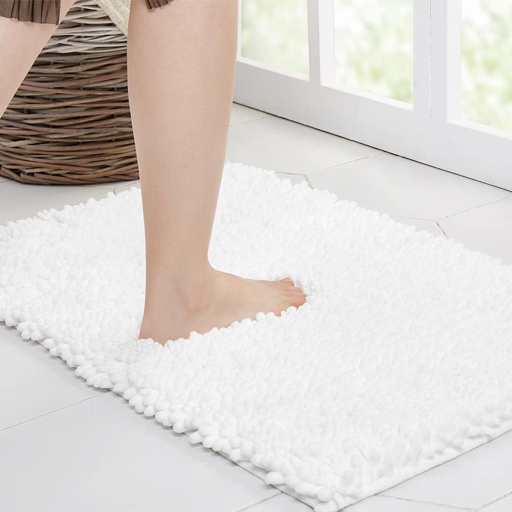Walensee Bathroom Rug Non Slip Bath Mat (24x17 Inch White) Water Absorbent Super Soft Shaggy Chenille Machine Washable Dry Extra Thick Perfect Absorbant Best Small Plush Carpet for Shower Floor