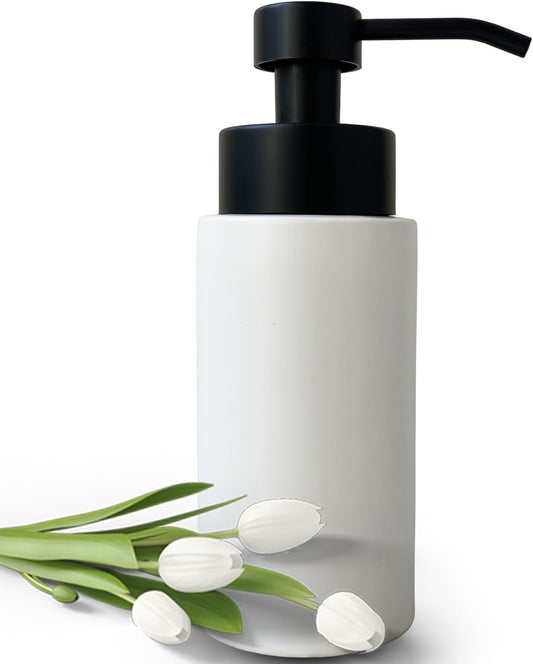 9.5 Oz Foaming Soap Dispenser for Bathroom,Kitchen Foam Soap Dispenser,Refillable Modern Foam Pump Bottle,Black Ceramic Foaming Hand Pump Dispenser (White)