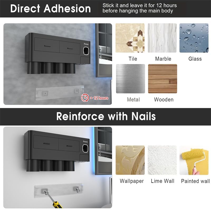 iHave Toothbrush Holders for Bathrooms, 4 Cups Toothbrush Holder Wall Mounted with Toothpaste Dispenser - Large Capacity Tray, 2 Cosmetic Drawer - Bathroom Storage & Bathroom Organizer