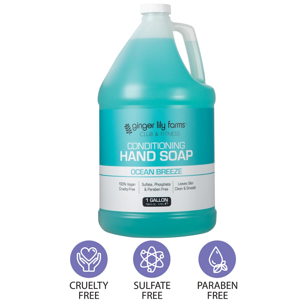 Ginger Lily Farms Club & Fitness Conditioning Liquid Hand Soap Refill, 100% Vegan & Cruelty-Free, Ocean Breeze Scent, 1 Gallon (128 fl oz)