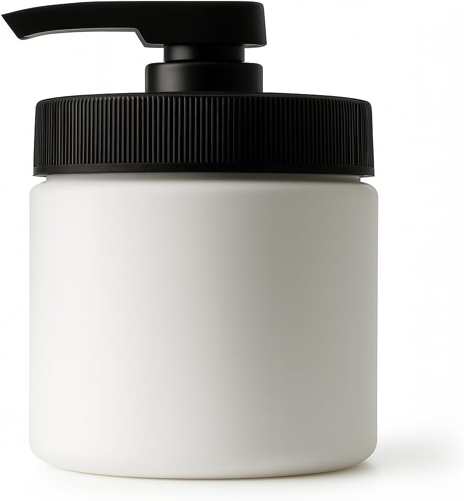 Royal Massage 16oz Refillable Pump Jar with Locking Dip Tube Dispenser – BPA-Free Plastic Container for Massage Oils, Lotions, Creams – Ribbed Lid Wide-Mouth Jar – Durable & Reusable (White/Black, 2)