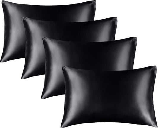BEDELITE Satin Pillowcase for Hair and Skin, Super Soft Similar to Silk Pillow Cases 4 Pack with Envelope Closure, Cooling Pillowcases for Women Men (20"x26" Standard Size, Black)