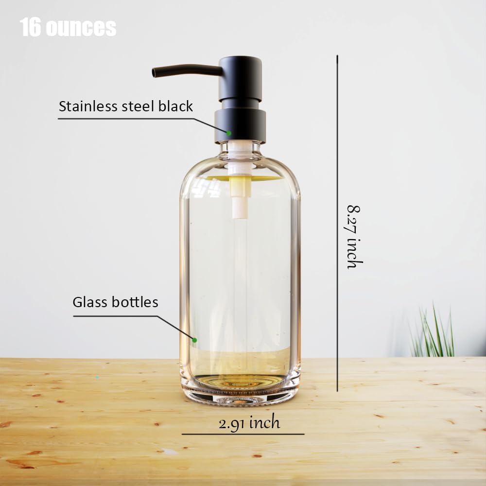 16oz Empty Stainless Steel Pump Bottles Dispenser 2 Pack Clear Refillable Pump Bottle for Shampoo, Liquid Soap, Massage Oil