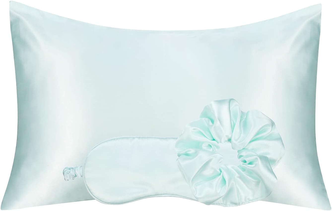 Vegan Silk Sleep Set, Silky Pillowcase with Large Scrunchie and Eye Mask for Hair and Skin, Self Care Essential Satin Night Routine Kit (Mint Blue Color)