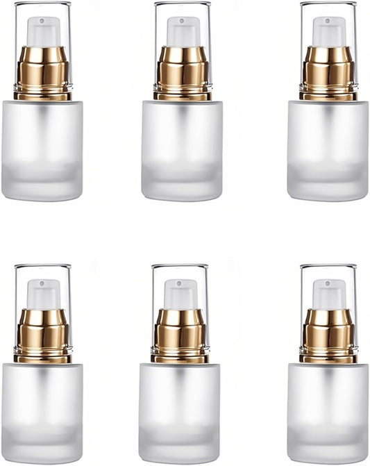 6Pcs Refillable Frosted Glass Lotion Pump Bottles Empty Comestic Bottles Travel Containers 20ml/0.67Oz with Pump Dispensers For Makeup Cream Emulsion Lotion Essential Oils(Golden caps)