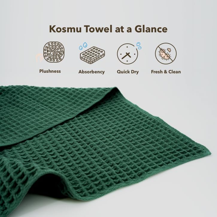 Luxury Japanese Cotton Waffle Bath Towel | Plush, Absorbent, and Quick Dry (Forest Green, Hand Towel, 32" x 16")
