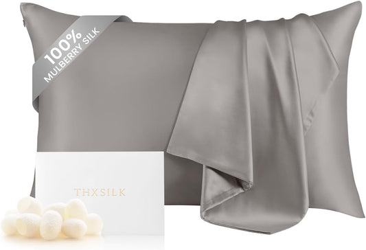 THXSILK 100% Natural Mulberry Silk Pillowcase for Hair and Skin, Grade 6A+ Pillowcase with Hidden Zipper, Soft Breathable Smooth Both Sided Silk Pillow Cover(Standard 20x26inch, Grey)