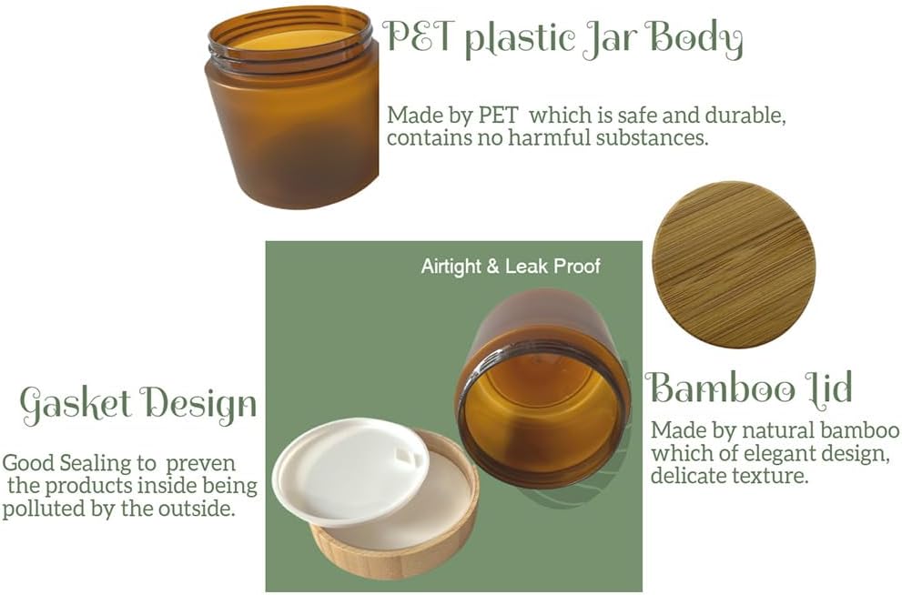 Empty Bamboo Lid Jar 16oz/500g,Refilable Plastic Round Cosmetic Containers for Powder,Body Butter,Cream,Lotion,Wide Mouth Makeup Sample Storage Pot Dispenser(Brown Color)