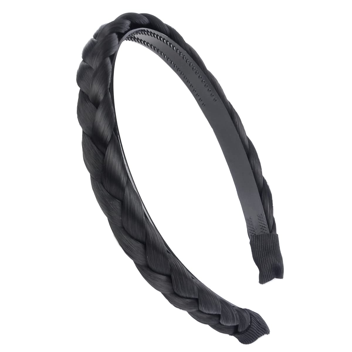 DIGUAN Width 0.6 inches Narrow Synthetic Hair Plaited Headband Braid With Teeth Hair Band Accessories for Women Girl (Black)