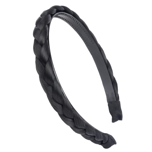 DIGUAN Width 0.6 inches Narrow Synthetic Hair Plaited Headband Braid With Teeth Hair Band Accessories for Women Girl (Black)