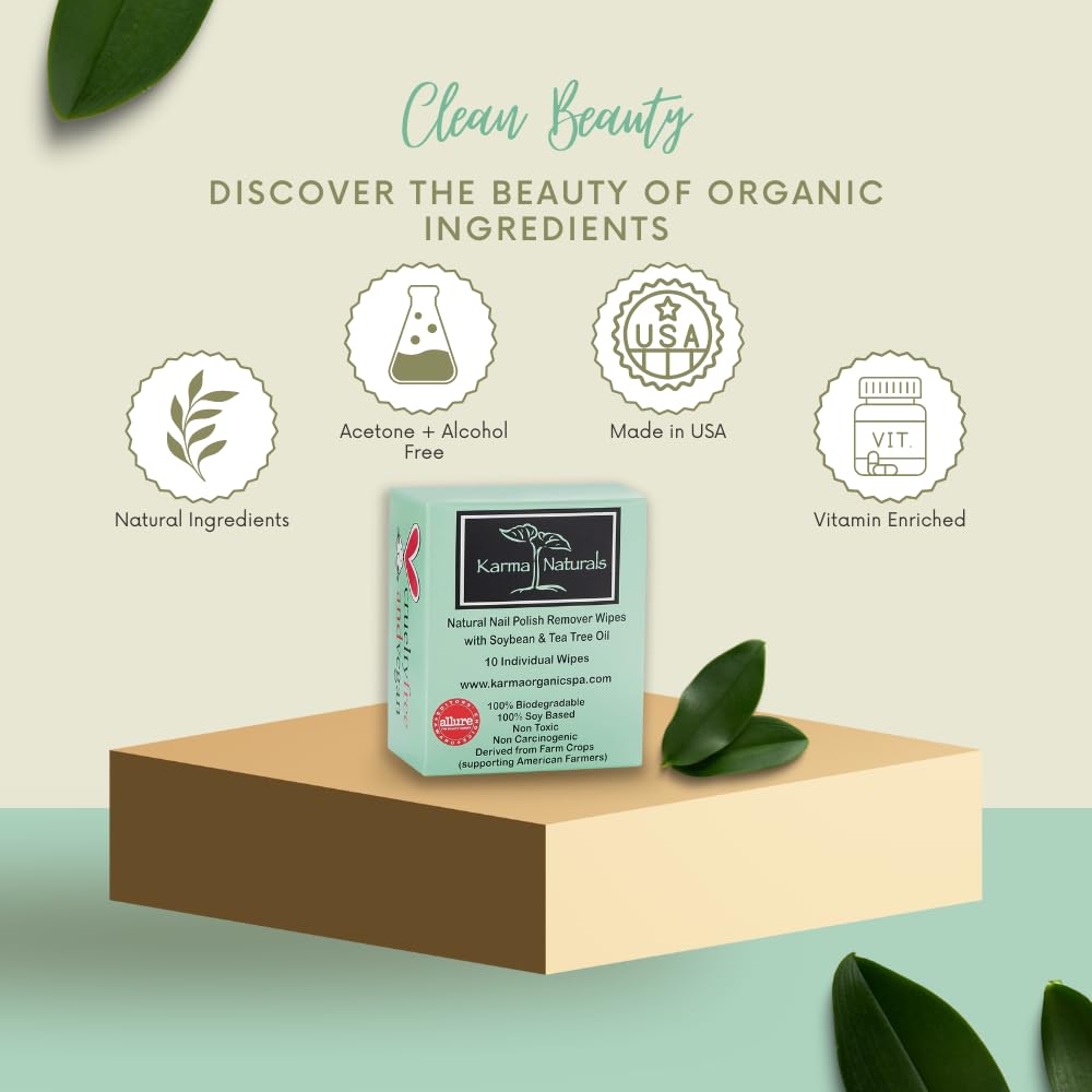 Karma Organic Natural Nail Polish Remover Wipes with Soybean and Tea Tree Oil, 100% Soy Based, Non-Toxic, Vegan, Cruelty-Free – Pack of 10