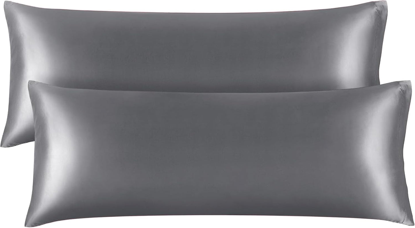 BEDELITE Satin Body Pillow Cover 2 Pack, Super Soft and Cooling Body Pillow Pillowcase for Hair and Skin, Breathable Silky Full Long Pillowcase Cover(20"x54", Dark Grey)