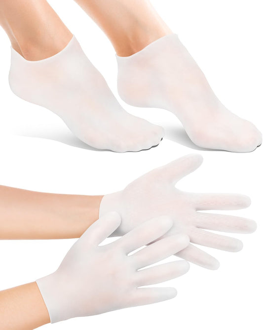2 Pairs Silicone Moisturizing Glove Socks Set, Anti Slip Soft Spa Gel Socks Softening Feet Dry Cracked Skin, Women Spa Pedicure Socks for Foot Hand Softening, Foot Care After Pedicure (White)