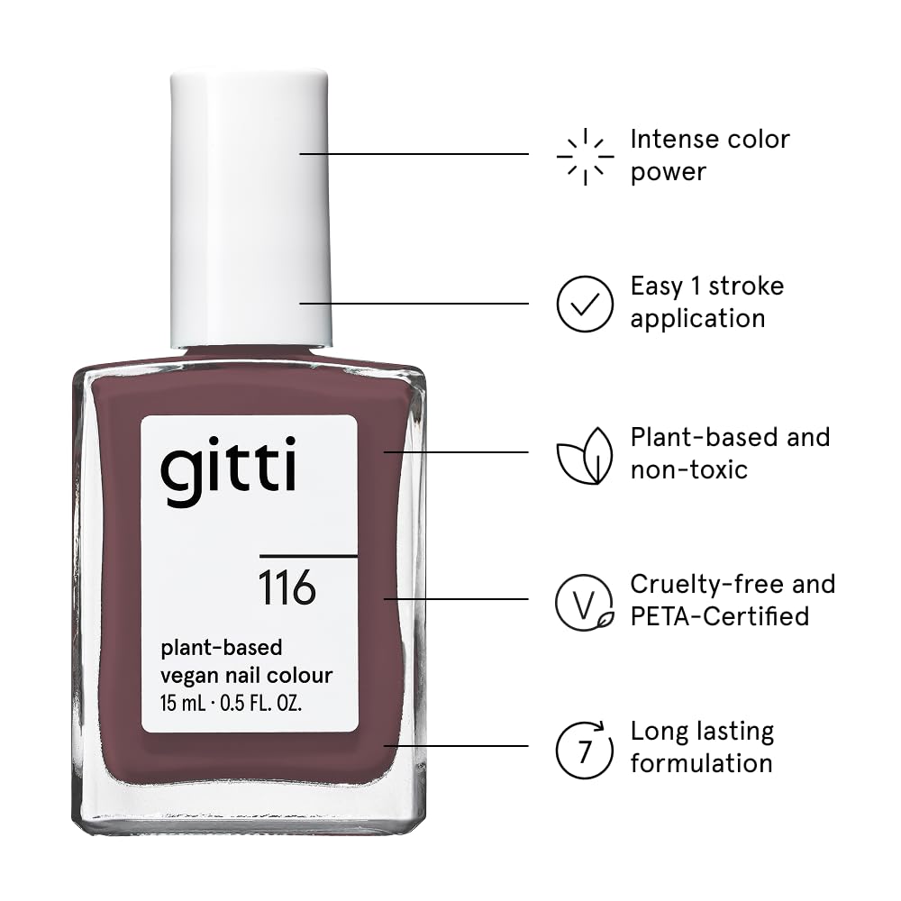 gitti Plant-based Nail Polish I Non-Toxic, 30-Free, Based On Natural Origin Ingredients, Cruelty-Free, Vegan, High Performance Colors, Glossy Finish, Shade no. 116 Light Espresso (0.5 fl oz)