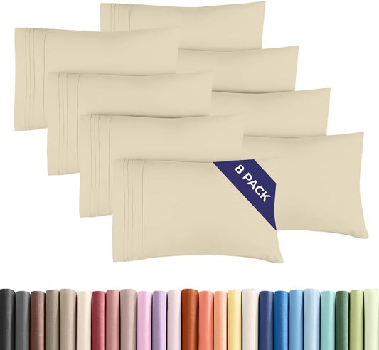 King Pillow Cases Set of 8 - Ultra Soft Hotel Quality Pillowcase Covers - Comfy & Wrinkle Free - Shrink, Stain and Fade Resistant - Easy-Care, Machine Washable Pillow Protectors - 8 Piece Set - Wheat