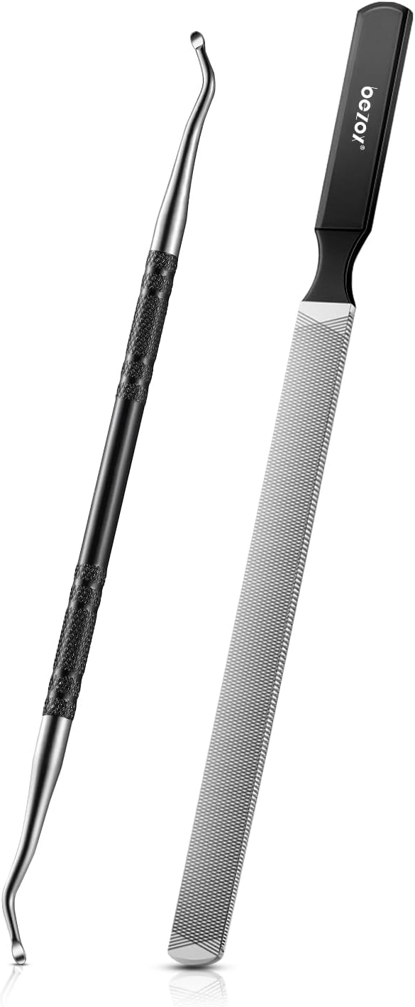 BEZOX Long Metal Nail File, Stainless Steel Fingernail File for Thick and Fungal Nails with Dual-Ended Toenail Lifter – The Ultimate Manicure & Pedicure Tool for Men and Women’s Nail Care - Black