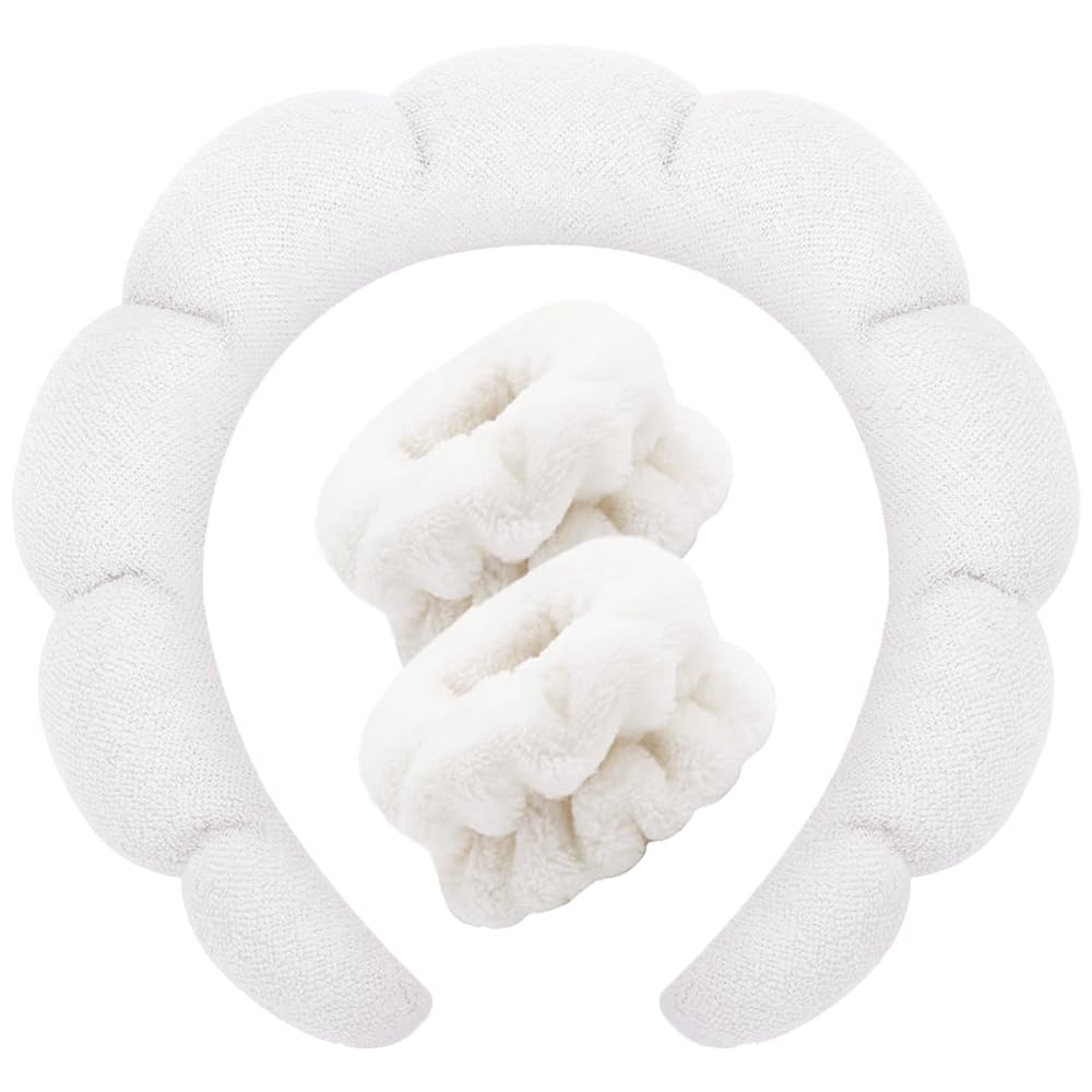 Spa Headbands for Washing Face Wristband Set Sponge Makeup Skincare Headband Wrist Towels Bubble Soft Terry Towel Cloth Hairband for Women Puffy Headwear Non Slip Thick Thin Hair Headwear (White)