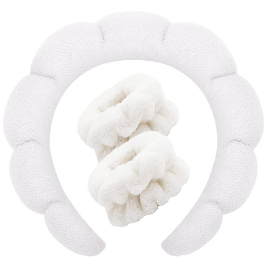 Spa Headbands for Washing Face Wristband Set Sponge Makeup Skincare Headband Wrist Towels Bubble Soft Terry Towel Cloth Hairband for Women Puffy Headwear Non Slip Thick Thin Hair Headwear (White)