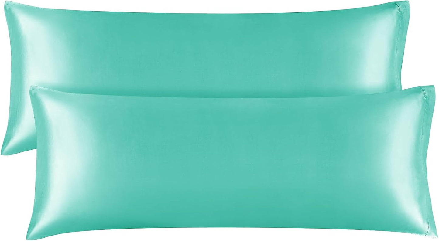 BEDELITE Satin Body Pillow Cover 2 Pack, Super Soft and Cooling Body Pillow Pillowcase for Hair and Skin, Breathable Silky Full Long Pillowcase Cover(20"x54", Turquoise)