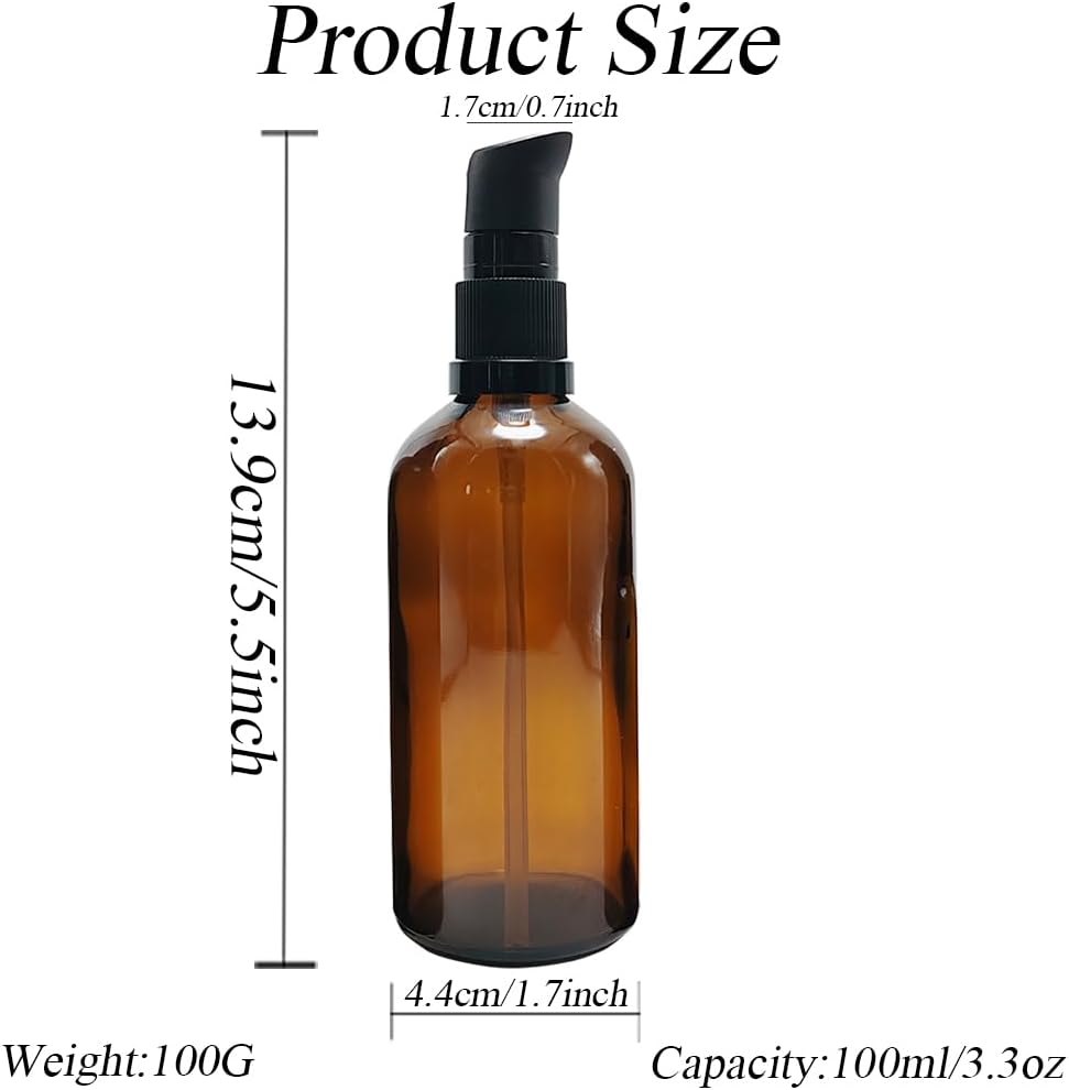 2PCS Upscale Amber Glass Refillable Pump Press Lotion Bottles Container Jars Pot For Makeup Foundations Cosmetic Skin Care Cream Emulsion Essential Oils(100ml / 3.4oz)