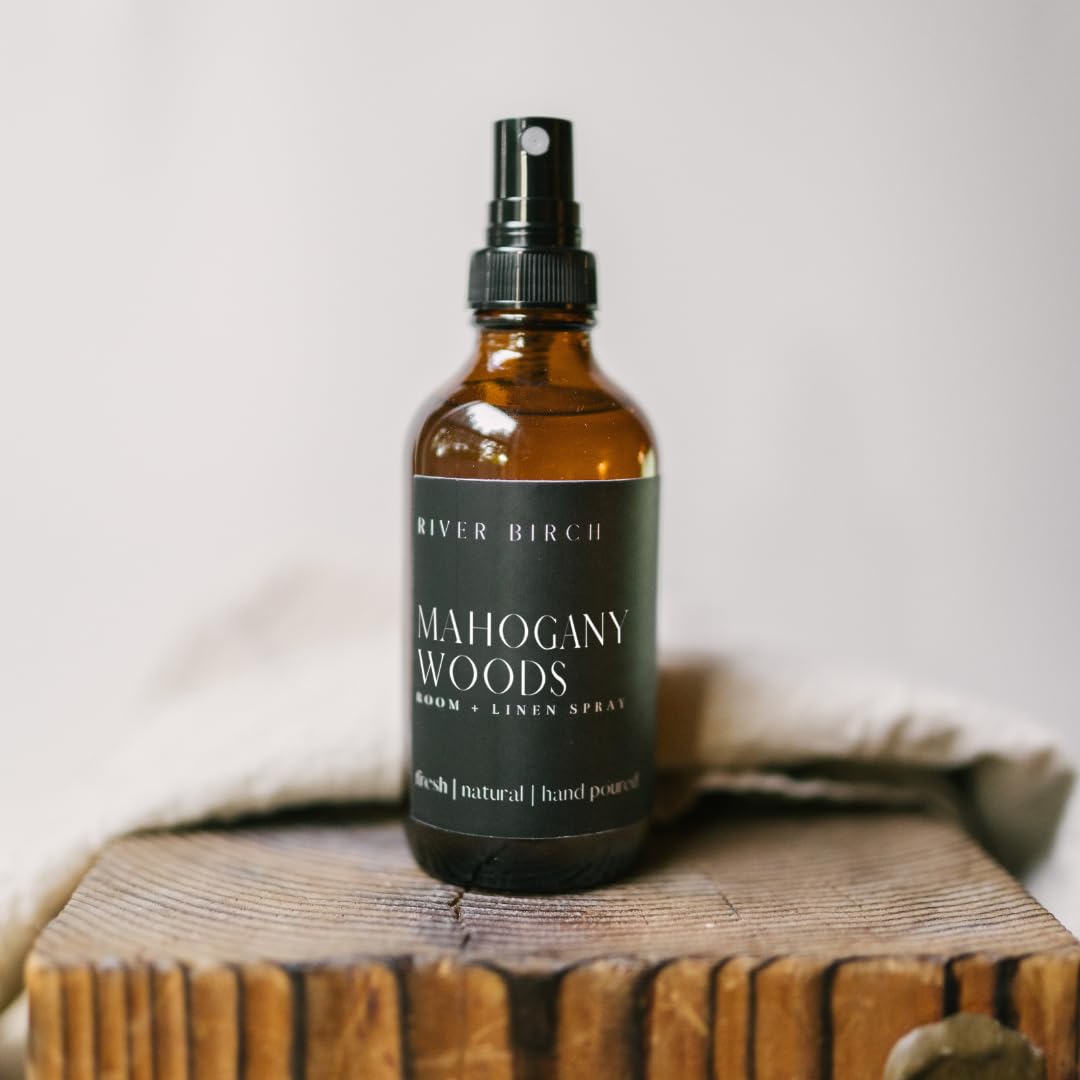 River Birch Mahogany Woods Scented Linen and Room Spray | Home Fragrance | 4 oz Glass Amber Bottle | Luxury Signature Scent | Handmade in Texas