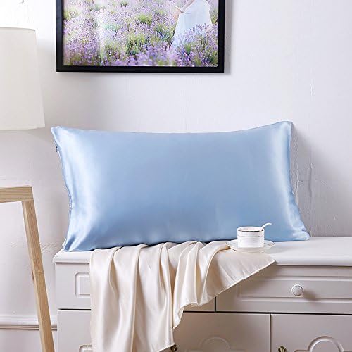 JUWENIN,Luxury Satin Pillowcase with Zipper (Silky Satin Pillow Case for Hair) Set of 2 (Queen, Blue)