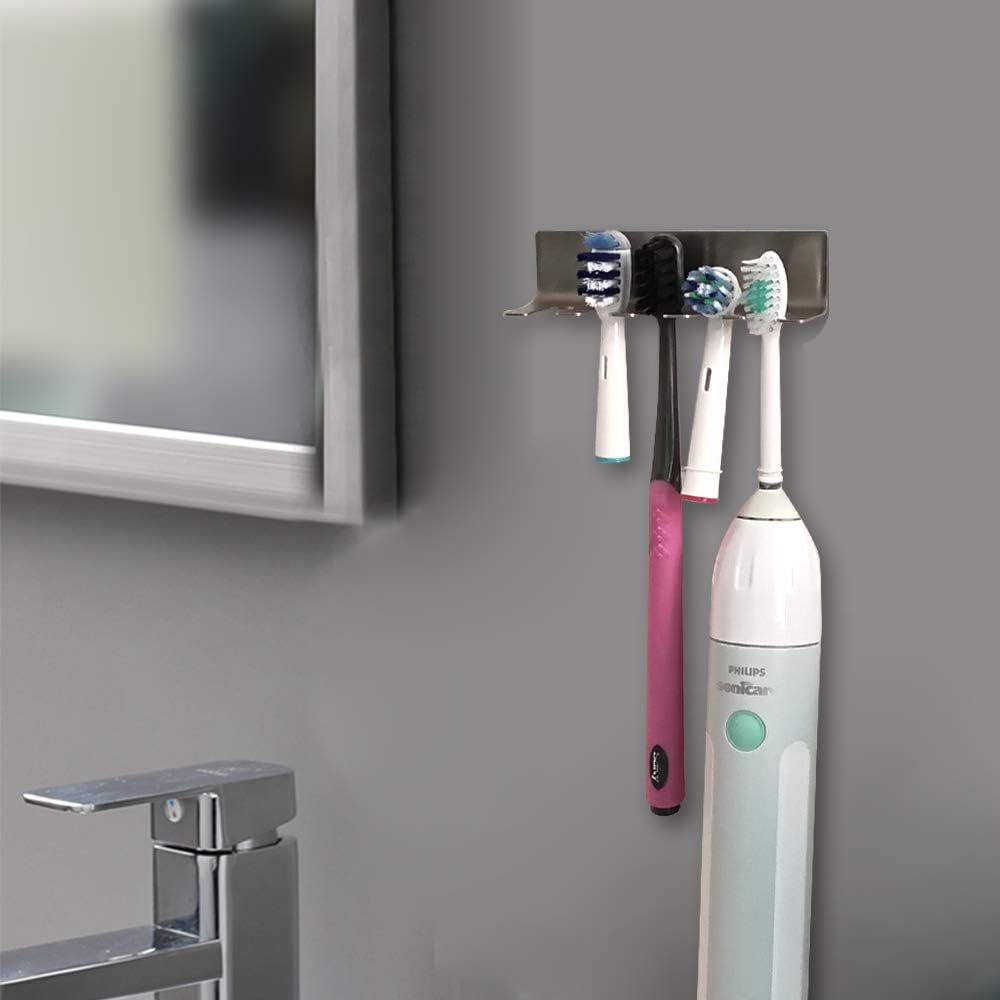 Wall Mounted Toothbrush Holder, Stainless Steel Toothbrush Holder with Self-Adhesive No Drilling Toothbrush Organizer, Bathroom Mounted Holder for Toothbrush Head, Washroom Razor Holder