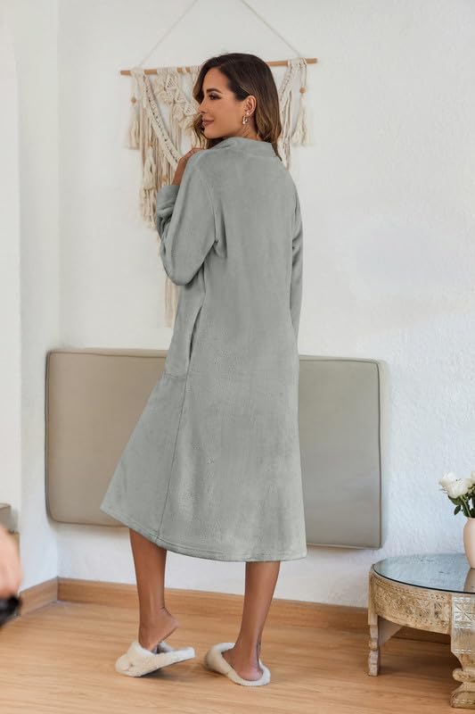 Ekouaer Women's Zip Up Robe Fleece Bathrobe Long Zipper Lounger Warm Housecoat Long Sleeve Nightgown with Pockets S-XXL