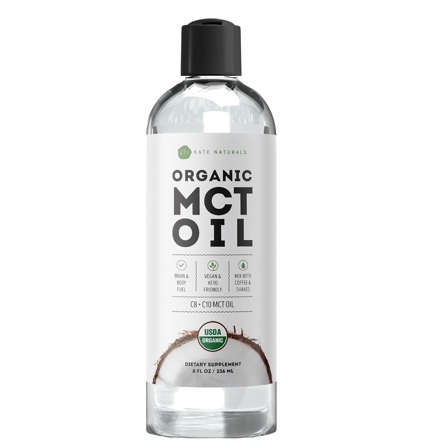 Kate Naturals MCT Oil for Coffee. Pure Coconut MCT C8 and C10 Oil (8oz, Organic, Unflavored)