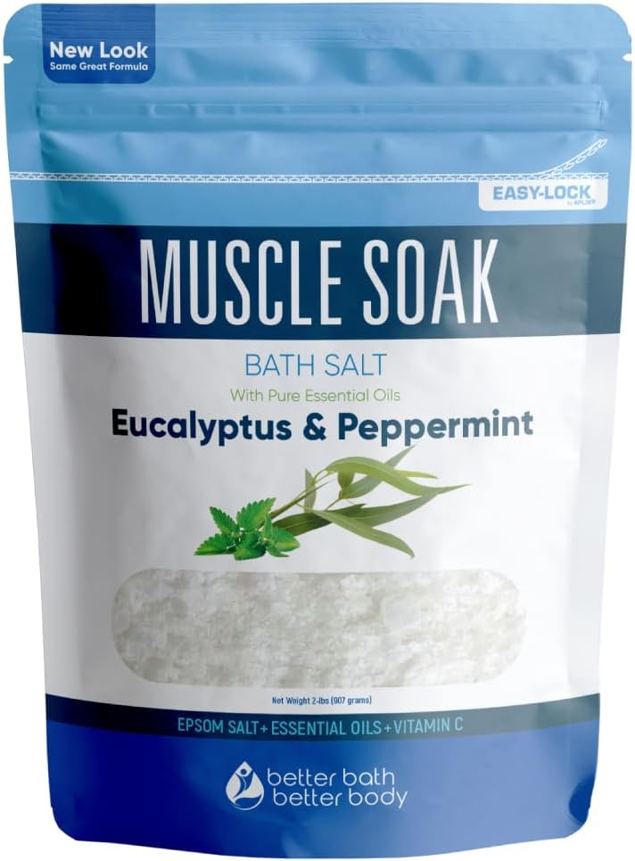 Muscle Soak Bath Salt 32 Ounces Epsom Salt with Natural Peppermint and Eucalyptus Essential Oils Plus Vitamin C in BPA Free Pouch with Easy Press-Lock Seal