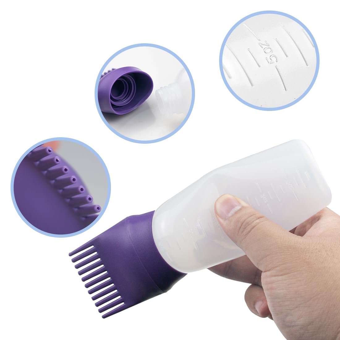ELANE 4 Pcs Root Comb Applicator Bottle, 6oz, Hair Oil Applicator Bottle for Hair, Dye, Salon, Travel, Camping (Purple+Red)