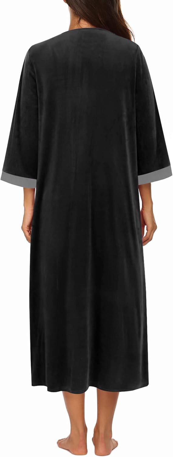 Ekouaer Women Zipper Robe 3/4 Sleeves Loungewear Dress Full Length Sleepwear Pockets Housecoat Nightgown Long Bathrobe